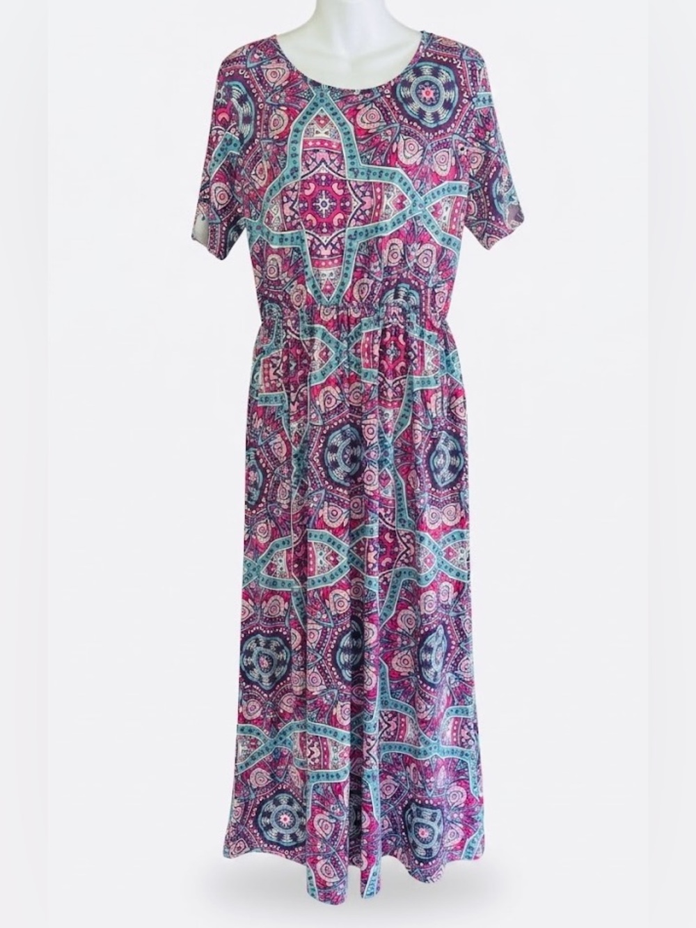 Cherfly Boho Pink & Teal Printed Short-Sleeve Maxi Dress